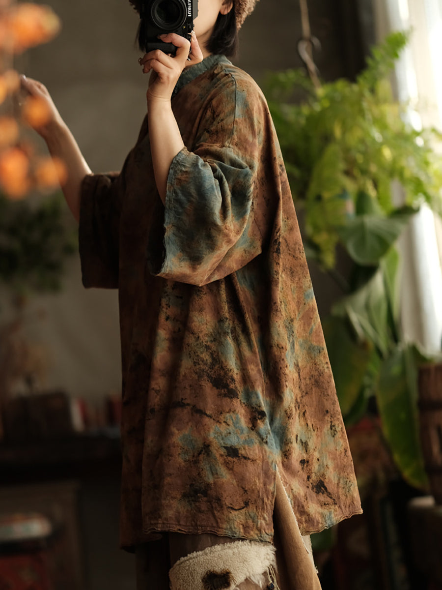 Women Summer Retro Flower O-Neck Cotton Shirt