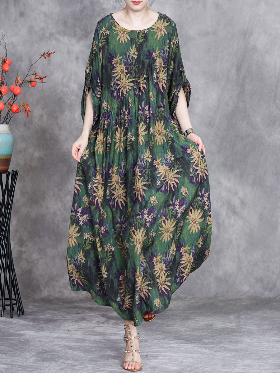 Women Summer Artsy Flower O-Neck Maxi Dress