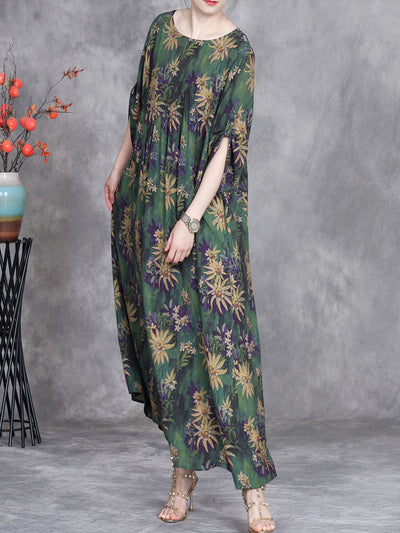 Women Summer Artsy Flower O-Neck Maxi Dress