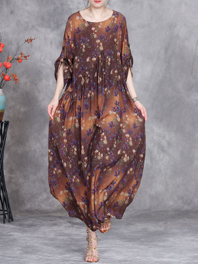 Women Summer Artsy Flower O-Neck Maxi Dress