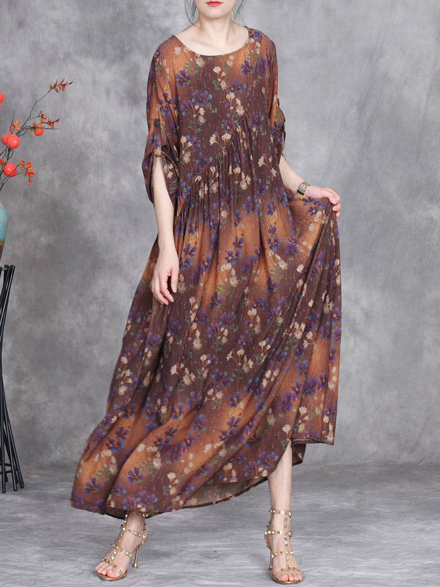 Women Summer Artsy Flower O-Neck Maxi Dress