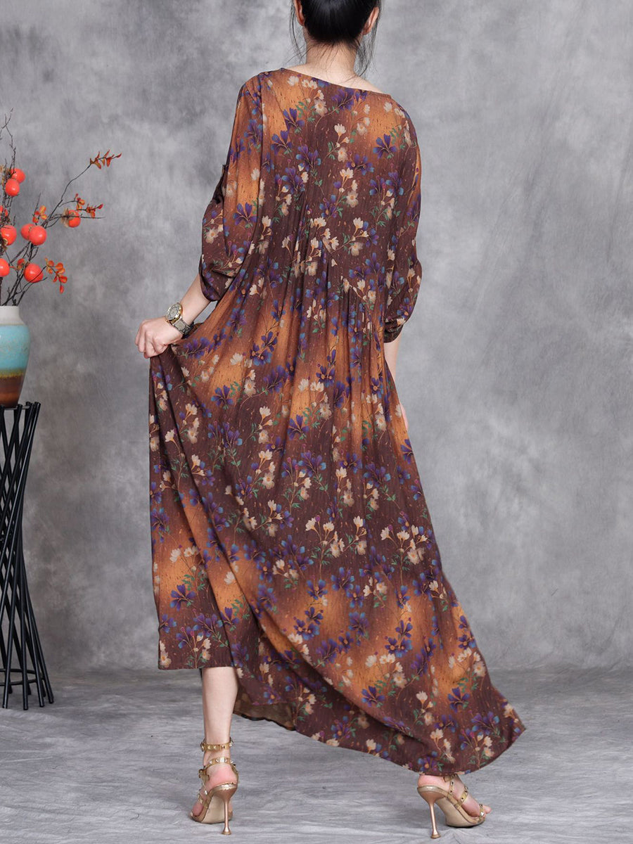 Women Summer Artsy Flower O-Neck Maxi Dress