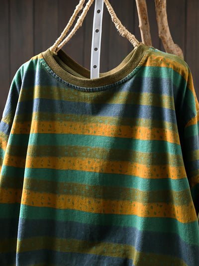 Plus Size Women Summer Retro Colorblock Stripe O-Neck Cotton Shirt