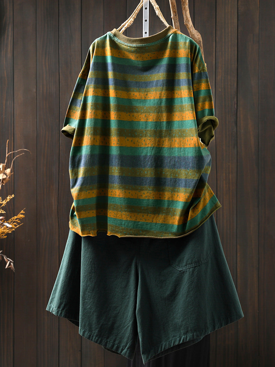 Plus Size Women Summer Retro Colorblock Stripe O-Neck Cotton Shirt