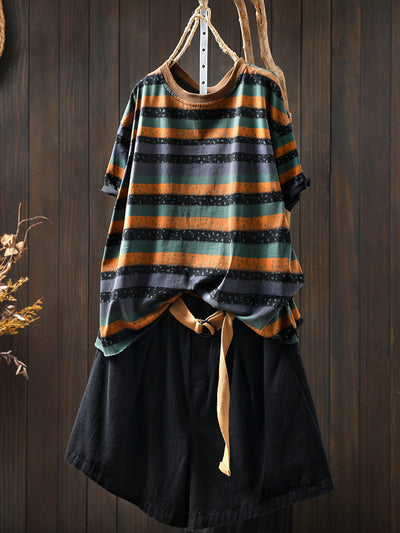 Plus Size Women Summer Retro Colorblock Stripe O-Neck Cotton Shirt