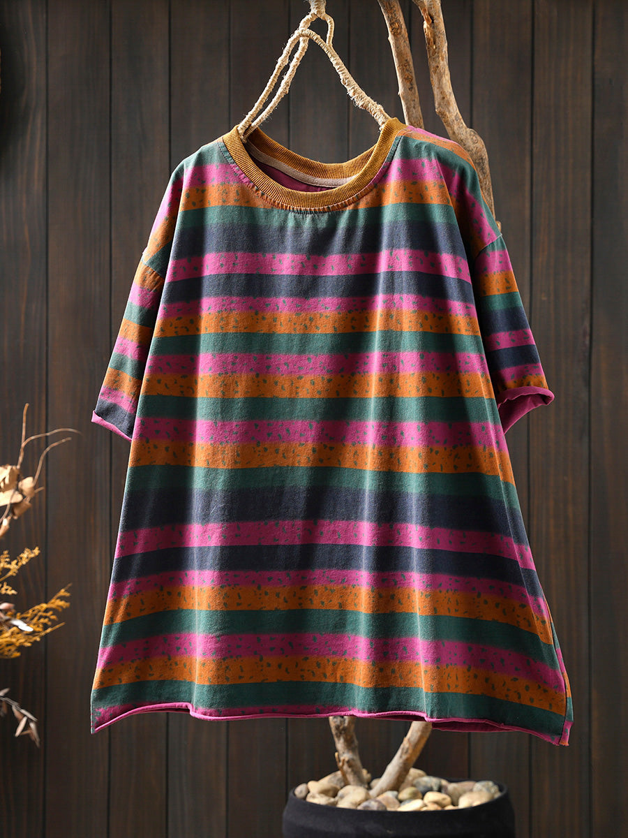 Plus Size Women Summer Retro Colorblock Stripe O-Neck Cotton Shirt