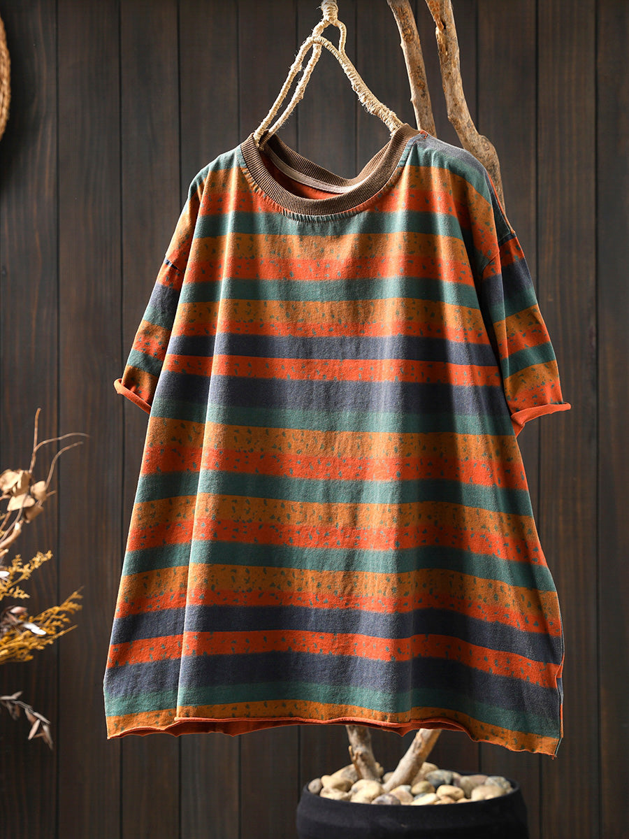 Plus Size Women Summer Retro Colorblock Stripe O-Neck Cotton Shirt