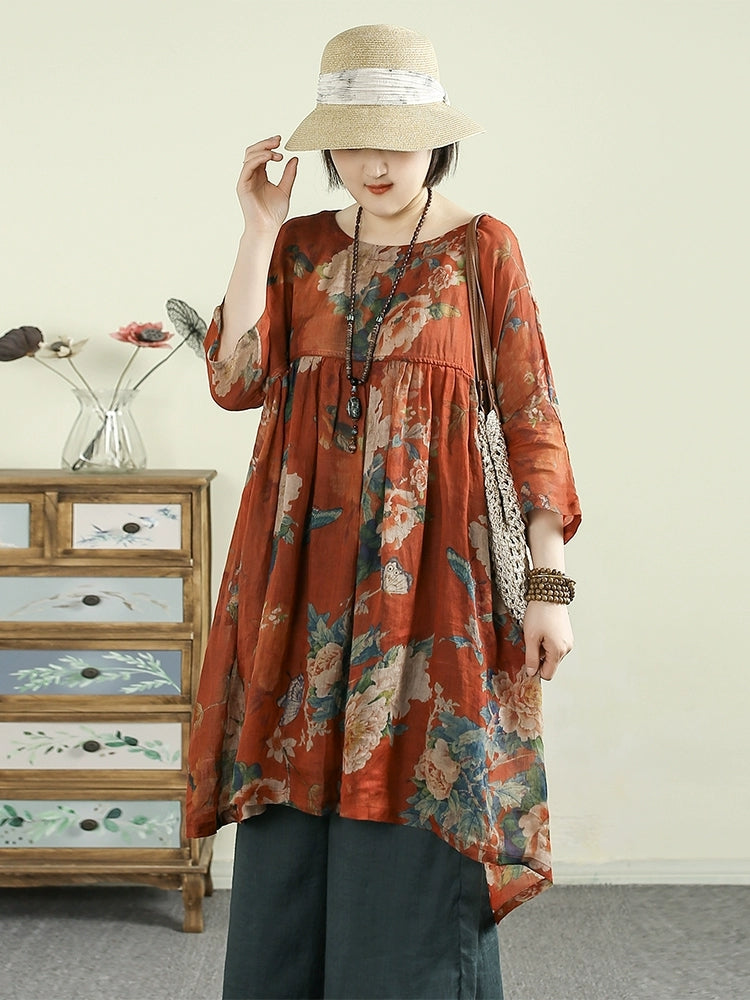 Plus Size Women Summer O-Neck Flower 100%Ramie Long Shirt