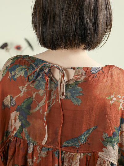 Plus Size Women Summer O-Neck Flower 100%Ramie Long Shirt