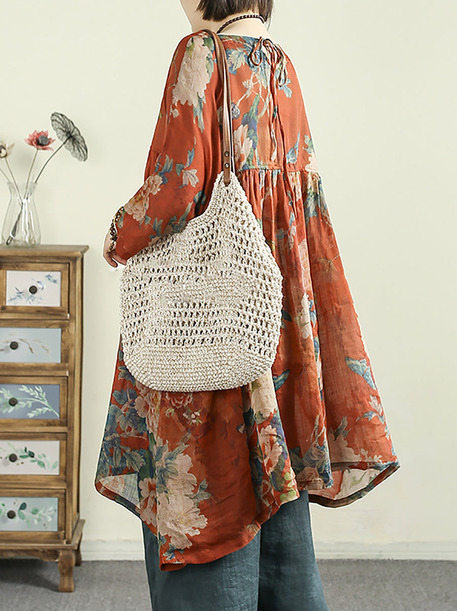 Plus Size Women Summer O-Neck Flower 100%Ramie Long Shirt