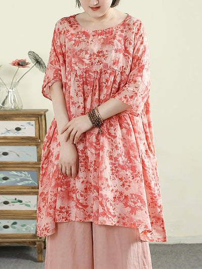 Plus Size Women Summer O-Neck Flower 100%Ramie Long Shirt