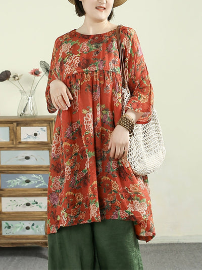 Plus Size Women Summer O-Neck Flower 100%Ramie Long Shirt