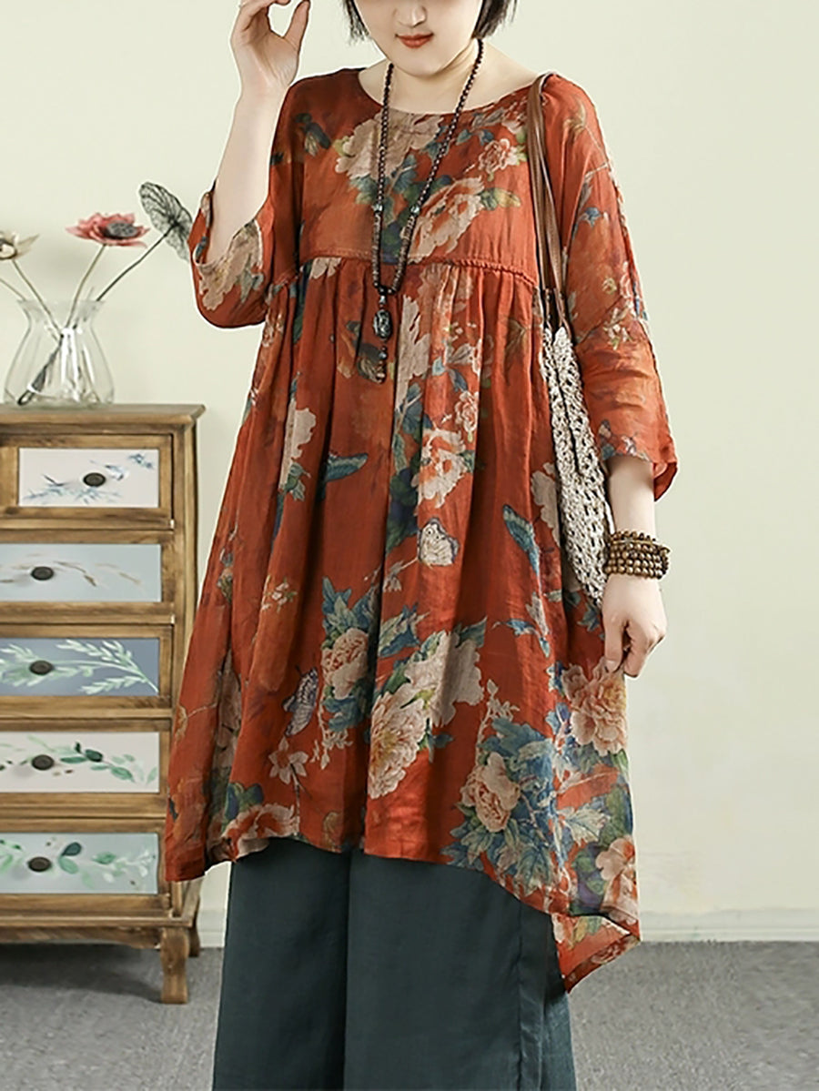 Plus Size Women Summer O-Neck Flower 100%Ramie Long Shirt