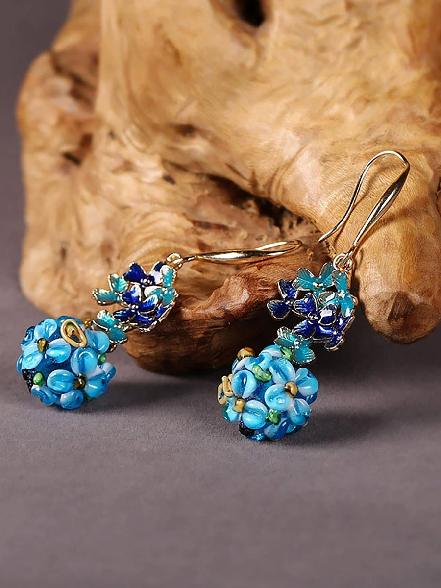 Ethnic Blue Cloisonne Ball-flower Silver Earrings