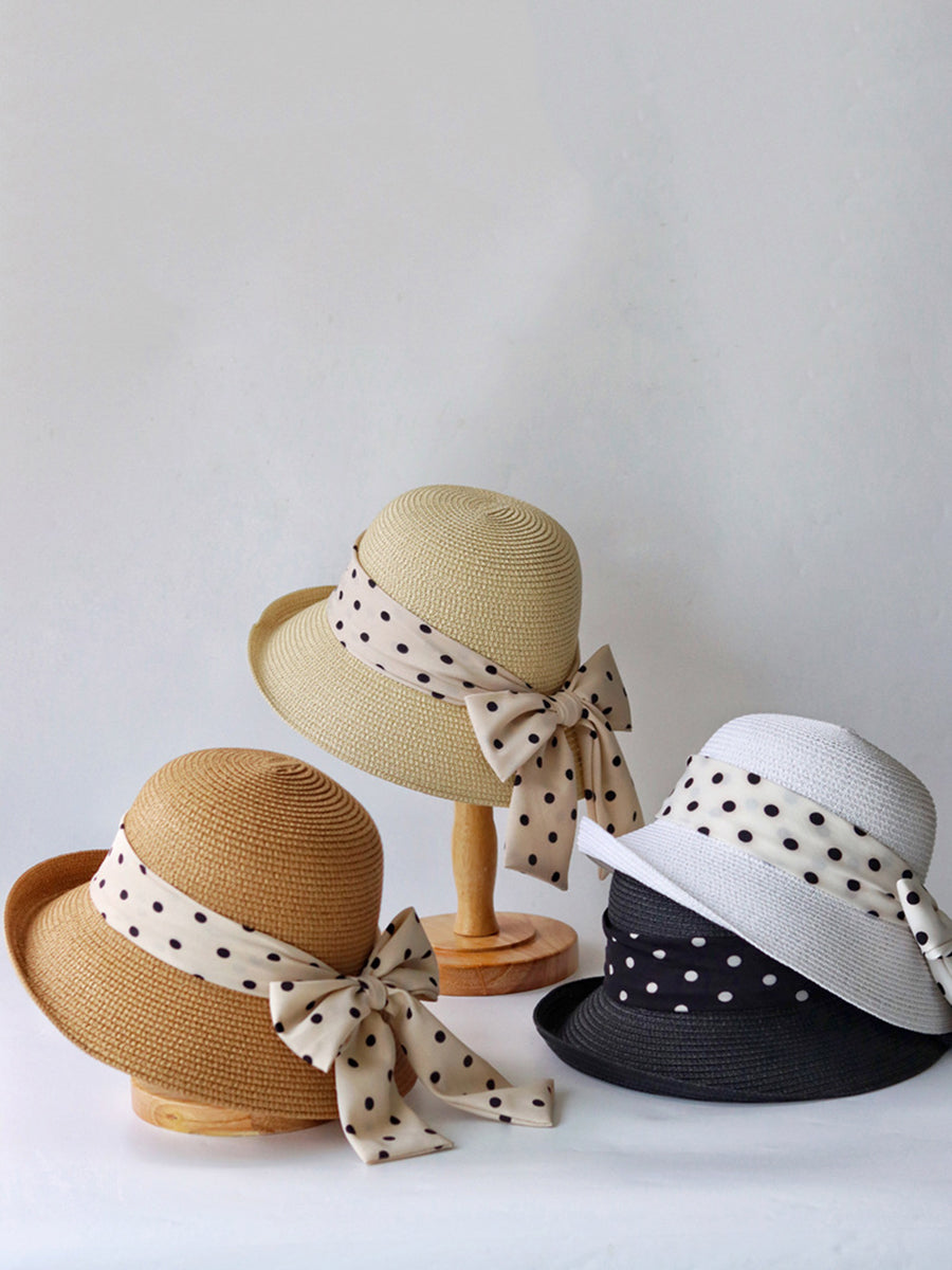 Women Summer Straw Knit Dot Bowknot Sunproof Hat