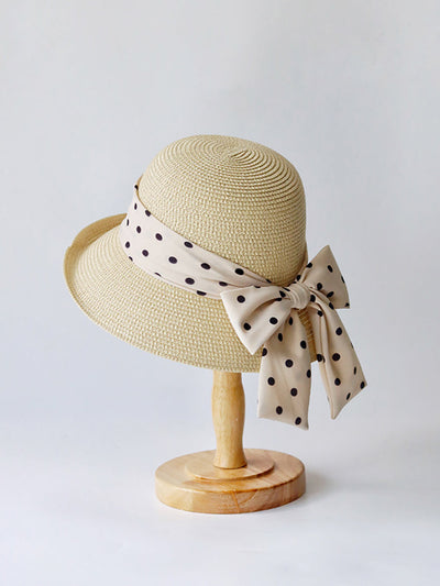 Women Summer Straw Knit Dot Bowknot Sunproof Hat