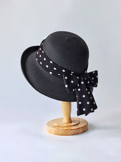 Women Summer Straw Knit Dot Bowknot Sunproof Hat