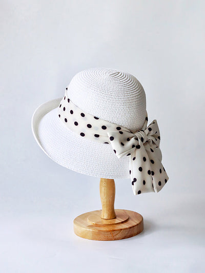 Women Summer Straw Knit Dot Bowknot Sunproof Hat