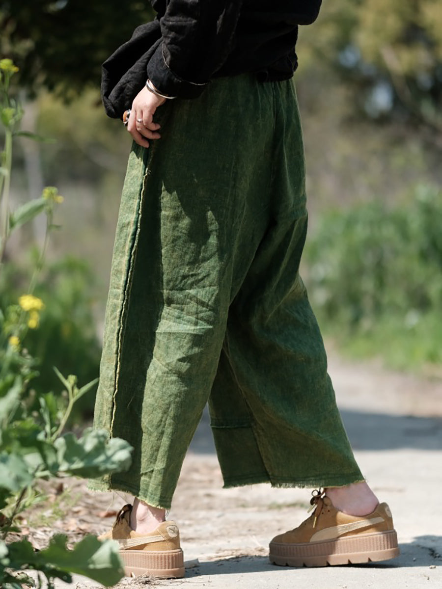 Women Summer Pure Color Raw-edge Linen Wide-leg Pants