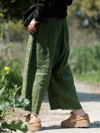Women Summer Pure Color Raw-edge Linen Wide-leg Pants