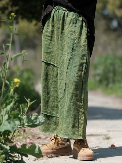 Women Summer Pure Color Raw-edge Linen Wide-leg Pants