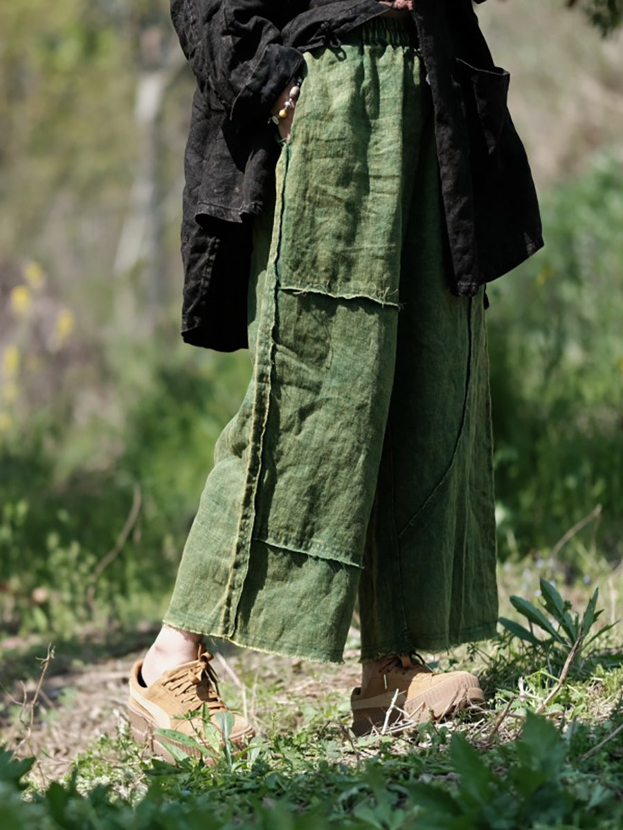 Women Summer Pure Color Raw-edge Linen Wide-leg Pants