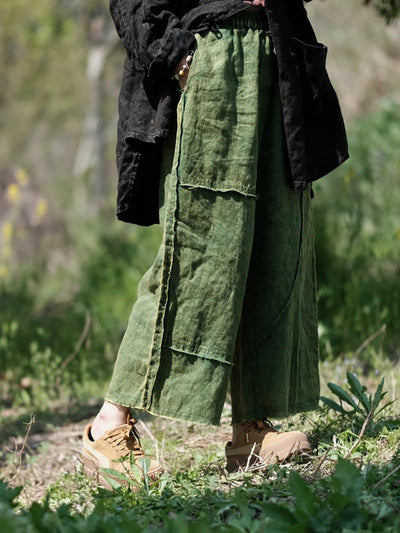 Women Summer Pure Color Raw-edge Linen Wide-leg Pants