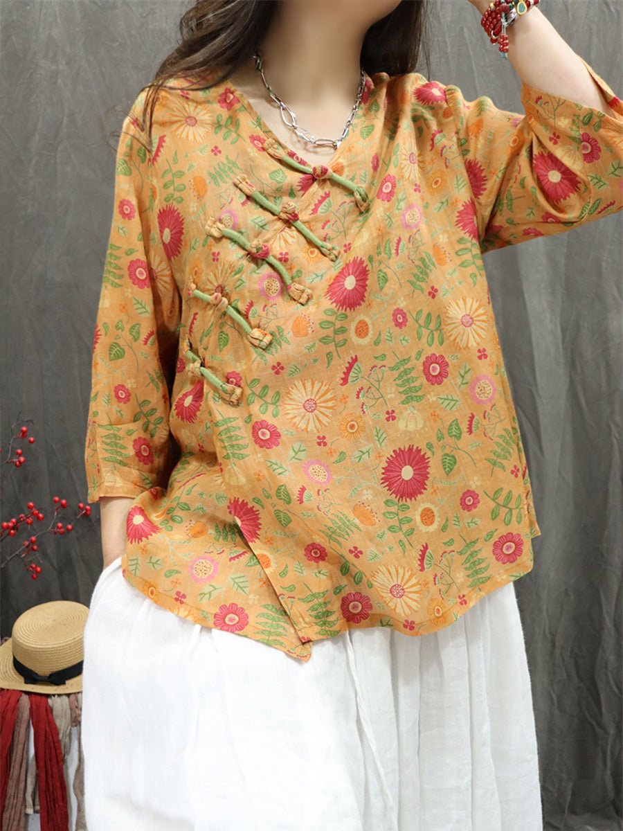 Women Summer Artsy V-Neck Flower 100%Ramie Shirt