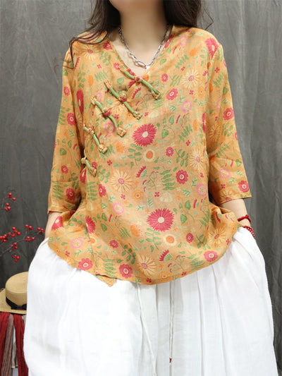 Women Summer Artsy V-Neck Flower 100%Ramie Shirt