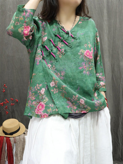 Women Summer Artsy V-Neck Flower 100%Ramie Shirt