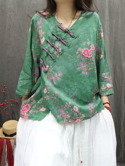 Women Summer Artsy V-Neck Flower 100%Ramie Shirt