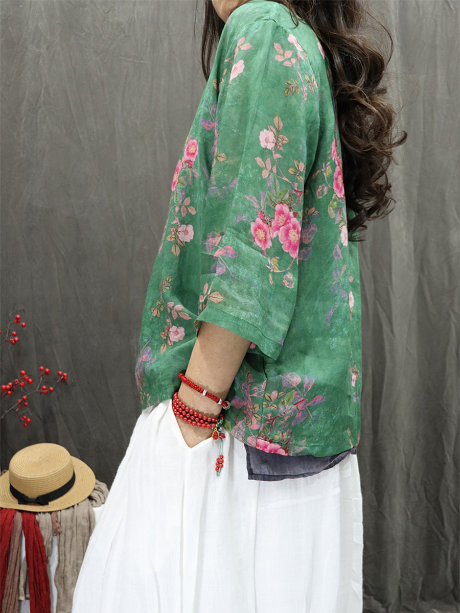 Women Summer Artsy V-Neck Flower 100%Ramie Shirt