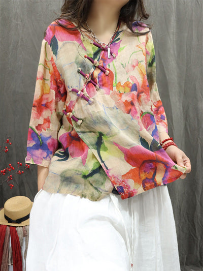 Women Summer Artsy V-Neck Flower 100%Ramie Shirt