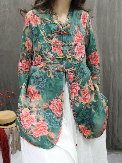 Plus Size Women Summer Stand Collar Flower 100%Ramie Cardigan Shirt