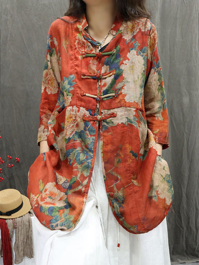 Plus Size Women Summer Stand Collar Flower 100%Ramie Cardigan Shirt