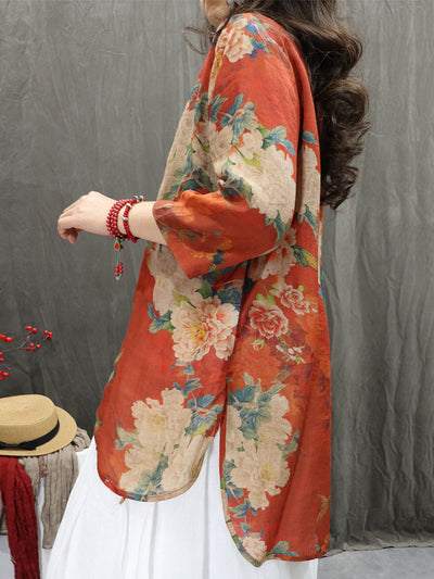 Plus Size Women Summer Stand Collar Flower 100%Ramie Cardigan Shirt