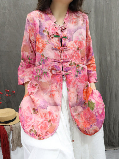 Plus Size Women Summer Stand Collar Flower 100%Ramie Cardigan Shirt