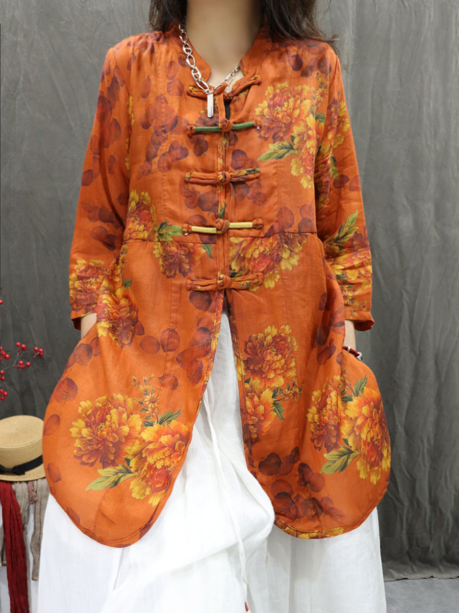 Plus Size Women Summer Stand Collar Flower 100%Ramie Cardigan Shirt