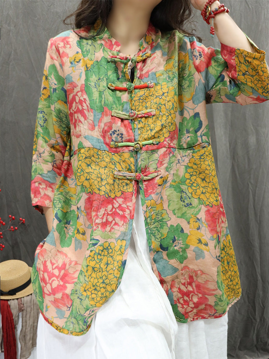 Plus Size Women Summer Stand Collar Flower 100%Ramie Cardigan Shirt