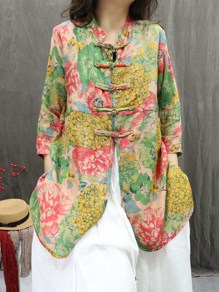 Plus Size Women Summer Stand Collar Flower 100%Ramie Cardigan Shirt
