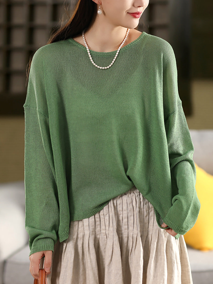 Women Spring O-Neck Thin Knit Linen Shirt