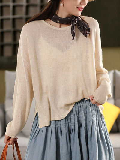 Women Spring O-Neck Thin Knit Linen Shirt