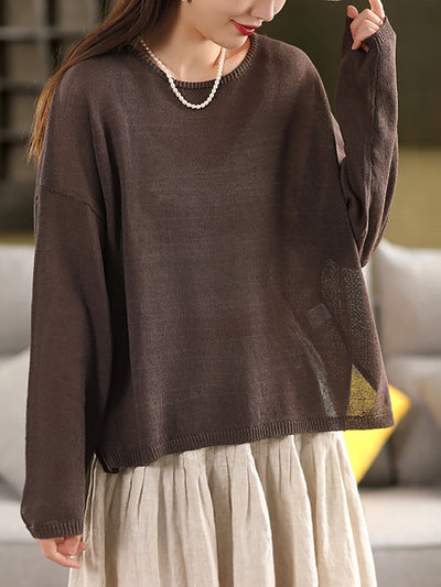 Women Spring O-Neck Thin Knit Linen Shirt