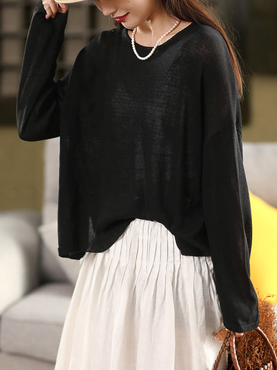 Women Spring O-Neck Thin Knit Linen Shirt