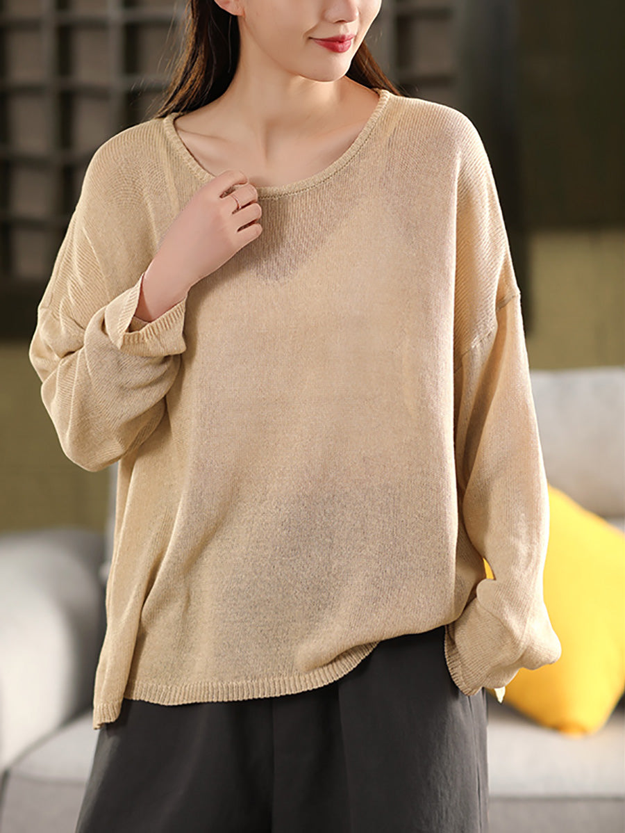 Women Spring O-Neck Thin Knit Linen Shirt