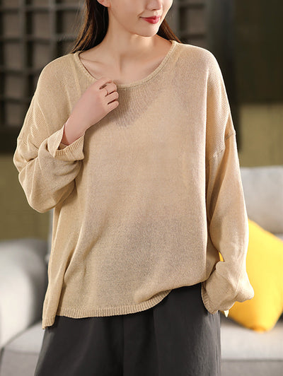 Women Spring O-Neck Thin Knit Linen Shirt