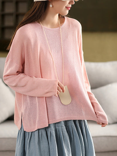 Women Spring O-Neck Thin Knit Linen Shirt