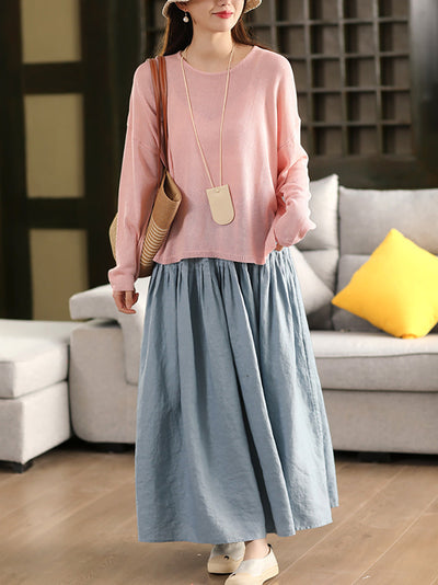 Women Spring O-Neck Thin Knit Linen Shirt