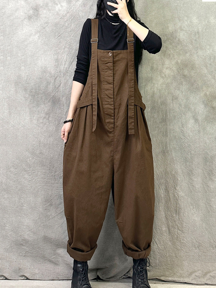 Plus Size Women Summer Casual Pure Color Cotton Jumpsuits