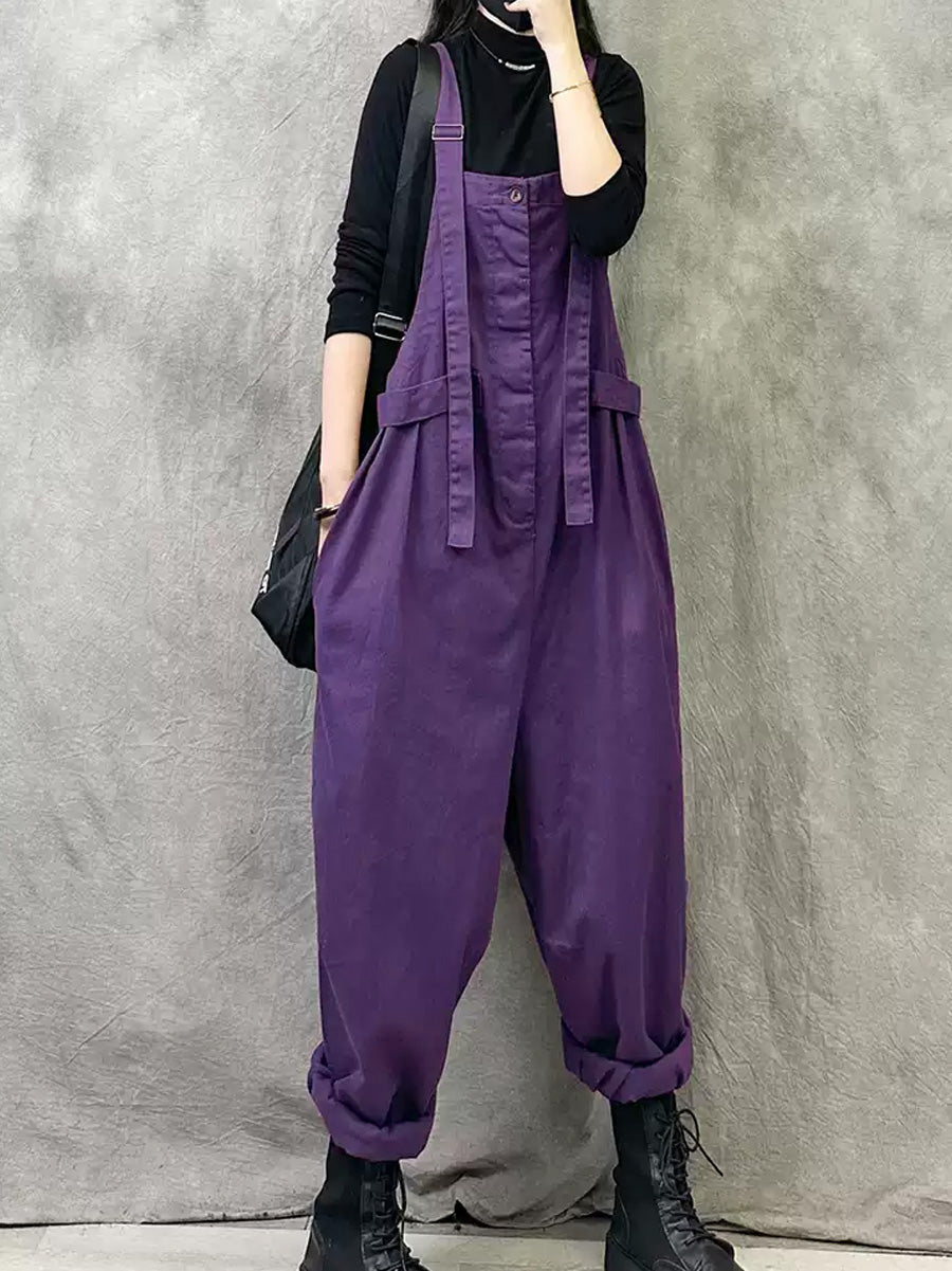 Plus Size Women Summer Casual Pure Color Cotton Jumpsuits